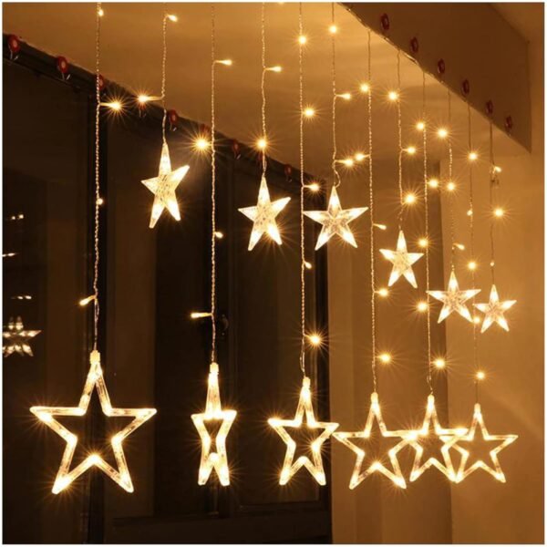 The Purple Tree Plastic Decorative Star Curtain LED Lights for Diwali (2.5 mtr, 138 LED, 6+6 Star), Curtain String Lights with 8 Flashing Modes, Decoration for Christmas, Wedding, Party, Warm White