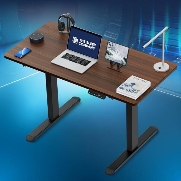 The Sleep Company - Electric Height Adjustable Desk | Ergonomic Work from Home Table | 4 Memory Presets | 2 Years Warranty | 1200 x 600 Thick Top | Free Installation | Wooden & Black