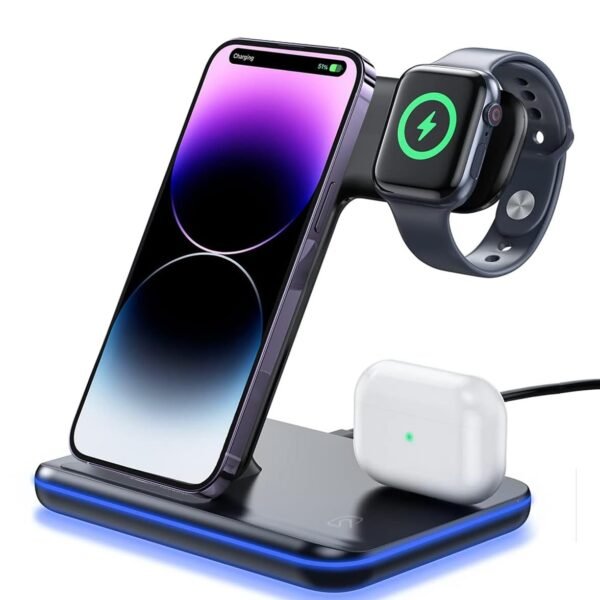 UNIGEN UNIDOCK 3-in-1 15W [Qi Certified] Fast Wireless Charging Station for iWatch Series 6/5/4/3/2; AirPods 1/2/Pro; iPhone 12/12pro/11/XS MAX/XR/XS/X/8/8 Plus/Samsung & Other Qi Devices (Black)