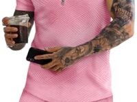 URRU Men's Polo Shirt and Shorts Set Summer Outfits Fashion Casual Short Sleeve Polo Suit for Men 2 Piece Short Set, Pink, Large