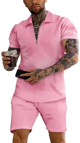 URRU Men's Polo Shirt and Shorts Set Summer Outfits Fashion Casual Short Sleeve Polo Suit for Men 2 Piece Short Set, Pink, Large