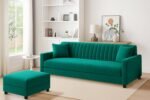 Velvet 3-Seater Sofa Set with Ottoman – Stylish Wooden Sofa for Home, Office Compact Living Spaces, Comfortable Seating – Green Color