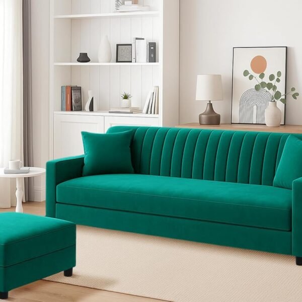 Velvet 3-Seater Sofa Set with Ottoman – Stylish Wooden Sofa for Home, Office Compact Living Spaces, Comfortable Seating – Green Color