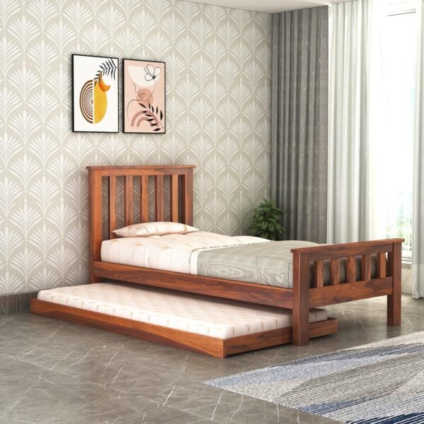 Wooden Single Trundle Bed | Single Bed with 1 Extra Pullout Bed | Wooden Bed Cot Palang Furniture for Bedroom, Living Room & Home | Solid Sheesham Wood | Honey Finish
