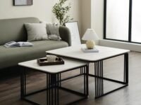 Wrought Iron Square Tea Coffee Table Set, 2 Piece Nesting Stacking Center Table For Living Room - Stylish End Tables For Bedroom Or Apartments (Gold-White) (Black White)