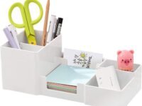 Xacton Desk Organizer Pencil Holders,Sticky Note,Paperclip Storage I Multi-Functional Office Table Accessories I Stand For Home/Office I 6 Compartment,Plastic Acrylonitrile Butadiene Styrene - White