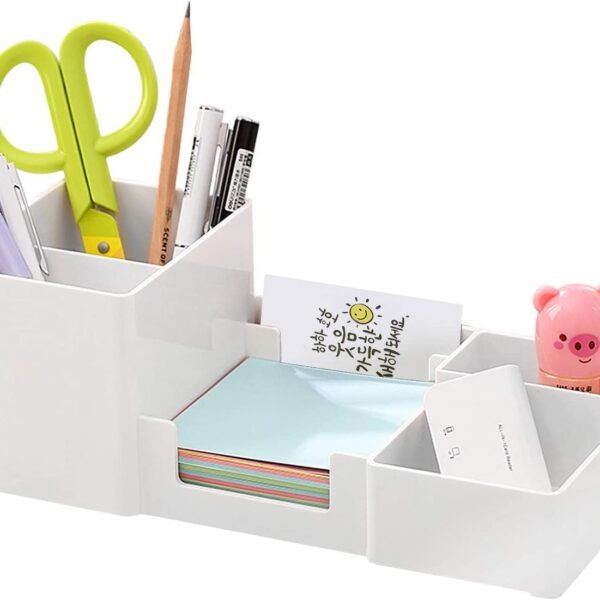 Xacton Desk Organizer Pencil Holders,Sticky Note,Paperclip Storage I Multi-Functional Office Table Accessories I Stand For Home/Office I 6 Compartment,Plastic Acrylonitrile Butadiene Styrene - White