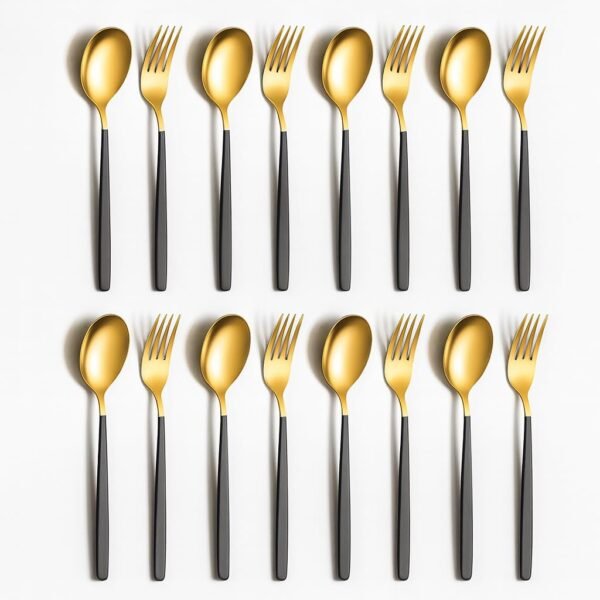 YELONA Set of 16 Premium Gold Titanium Plated Stainless Steel Cutlery, Flatware & Tableware (Contains: 8 Master Spoons, 8 Master Forks) - (Golden & Charcoal Black)