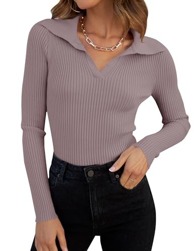 ZESICA Sweaters for Women 2025 Fall Long Sleeve V Neck Ribbed Knit Pullover Tops Casual Slim Fit Basic Tee Shirts, Taro, Medium