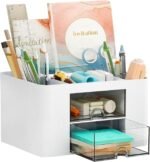 Zeinwap ABS Multi-Functional Desk Organiser With 5 Compartments & 2 Drawer Desktop Office Supplies Stationery Storage Box Cosmetic Organizer For Pens Staplers Clips Sticky Notes - White