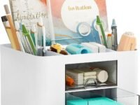 Zeinwap ABS Multi-Functional Desk Organiser With 5 Compartments & 2 Drawer Desktop Office Supplies Stationery Storage Box Cosmetic Organizer For Pens Staplers Clips Sticky Notes - White