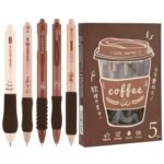 Zibuyu® Click Pens 5Pcs Black Gel Pens for Students Smooth Writing No-Smudge Stylish Coffee Themed Office Supplies with Foam Grips, School Cute Stationery Items for Gifts