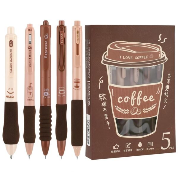Zibuyu® Click Pens 5Pcs Black Gel Pens for Students Smooth Writing No-Smudge Stylish Coffee Themed Office Supplies with Foam Grips, School Cute Stationery Items for Gifts
