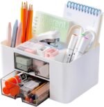 Zollyss Plastic Multi-Functional Desk Organiser With 5 Compartments & 2 Drawer Desktop Office Supplies Stationery Storage Box Cosmetic Organizer For Pens Staplers Clips Sticky Notes (White)