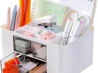 Zollyss Plastic Multi-Functional Desk Organiser With 5 Compartments & 2 Drawer Desktop Office Supplies Stationery Storage Box Cosmetic Organizer For Pens Staplers Clips Sticky Notes (White)