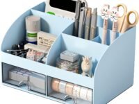 Zollyss Plastic Multifunctional Desk Organiser With 6 Compartments & 2 Drawer Desktop Office Supplies Stationery Storage Box For Pens Staplers Clips Sticky Notes Mobile Holder (Blue)
