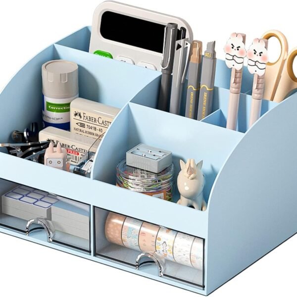 Zollyss Plastic Multifunctional Desk Organiser With 6 Compartments & 2 Drawer Desktop Office Supplies Stationery Storage Box For Pens Staplers Clips Sticky Notes Mobile Holder (Blue)
