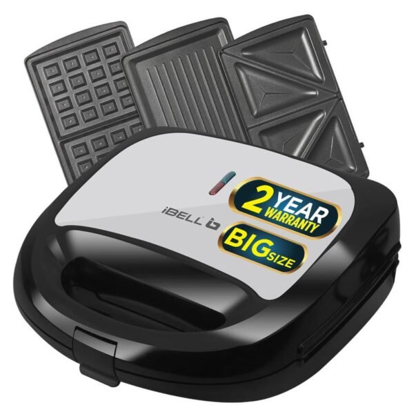 iBELL SM1301 3-in-1 Sandwich Maker, Big Size, 750 Watt, with Detachable Plates for Toast/Waffle/Grill (24 x 24 x 10 cm)