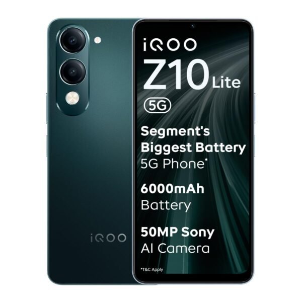 iQOO Z10 Lite 5G (Cyber Green, 6GB RAM, 128GB Storage) | 6000 mAh Battery | Dimensity 6300 5G Processor with 433K+* AnTuTu Score | IP64 Rated & Military Grade Shock-Resistance