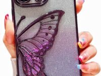 mobistyle Silicone Designed For iPhone 15 Pro Max Cover With Glitter Cute Butterfly Electroplating Design Back Cover Case For Women Teen Girls (Purple)