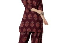 rytras Women's Pure Cotton Printed Straight Kurta Set with Palazzo Pants - Ethnic Wear, Maroon
