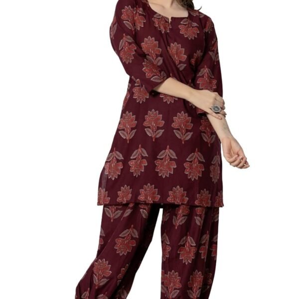 rytras Women's Pure Cotton Printed Straight Kurta Set with Palazzo Pants - Ethnic Wear, Maroon