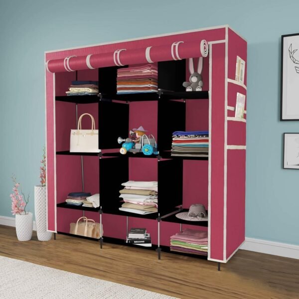 12 Shelves Collapsible Wardrobe Storage Organizer Shelves for Clothes Portable Racks Fabric Almirah Non Rustable Iron (88250) (112CM x 38CM x 145CM, Maroon)