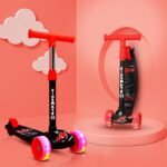 Kidsmate Rider Pro Kick Scooter with Broad PU LED Wheels | 3-Wheel Skating Scooter for Boys & Girls of Ages 2-12 Years | Level Adjustable Height, and Easy Fold Design (Black)