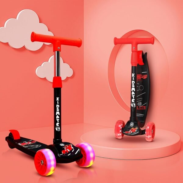 Kidsmate Rider Pro Kick Scooter with Broad PU LED Wheels | 3-Wheel Skating Scooter for Boys & Girls of Ages 2-12 Years | Level Adjustable Height, and Easy Fold Design (Black)