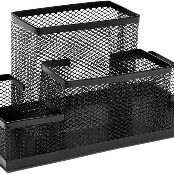 4 Compartment Desk Organizer Compartment Metal Mesh Stationery Accessories Storage Stand Caddy Pen, Pencil Holder for Office, Home, and Study Table Supplies Gift-Black