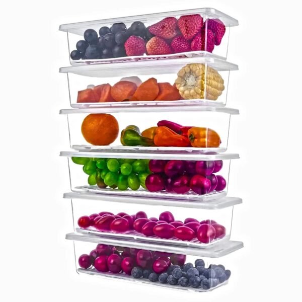 6 Fridge Storage Boxes Fridge Organizer With Removable Drain Plate&Lid Stackable Fridge Storage Containers Plastic Freezer Storage Containers For Fish,Meat,Vegetables,Fruits(1500Ml),Transparent
