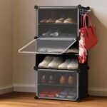 ABOUT SPACE Shoe Rack for Home with Door - 12 Pair DIY Slipper Stand with Hanger, 3 Cube Expandable Shelves Closed Shoes Rack for Home Men, Women Heels Boots Flip-Flops (L 40 x B 30 x H 90 cm)-Black