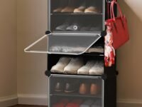 ABOUT SPACE Shoe Rack for Home with Door - 12 Pair DIY Slipper Stand with Hanger, 3 Cube Expandable Shelves Closed Shoes Rack for Home Men, Women Heels Boots Flip-Flops (L 40 x B 30 x H 90 cm)-Black