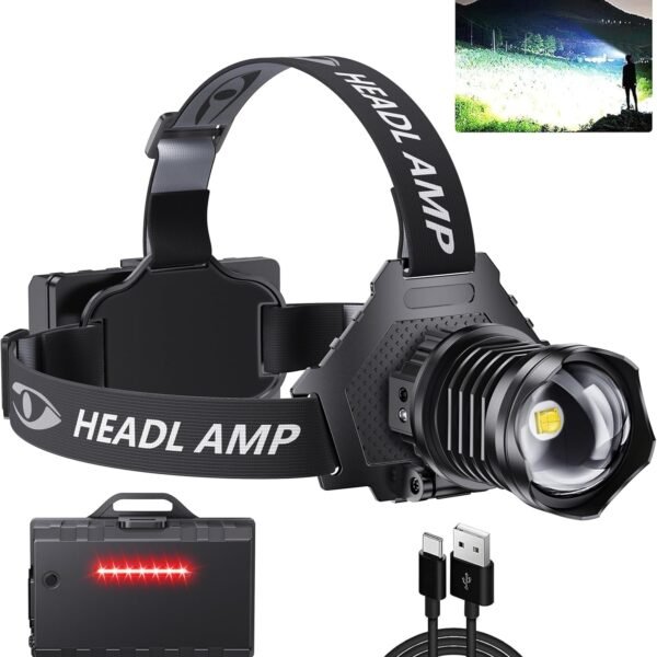 AMAKER LED Rechargeable Headlamp, High Lumens Super Bright with 5 Modes & IPX7 Level Waterproof USB Rechargeable Zoom Headlamp, 90° Adjustable for Outdoor Camping, Running, Cycling, Climbing