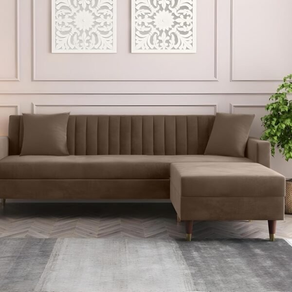 AMATA Elegant Solid Wood 4 Seater L Shape Camel Suede Velvet Sofa Set with Two Cushions Perfect for Home Office Guests Living Room (02 Camel, L Shape)(03 Year Warranty)