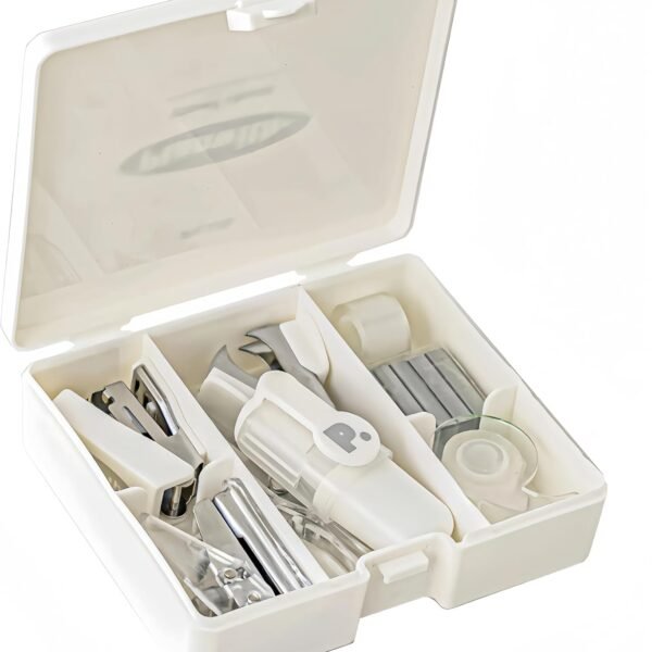AccuPrints Mini Stapler Set with 8 Stationery Items, Office Tool Box with Stapler, Hole Puncher, Scissors, Metal Construction, White