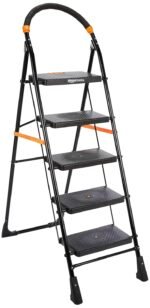 Amazon Basics Clamber - Foldable Step Ladder, Safety-Clutch Lock, Ribbed Steps, Knee Guard, Non-Marring PVC Shoes, 5 Steps (Steel, Black & Orange)
