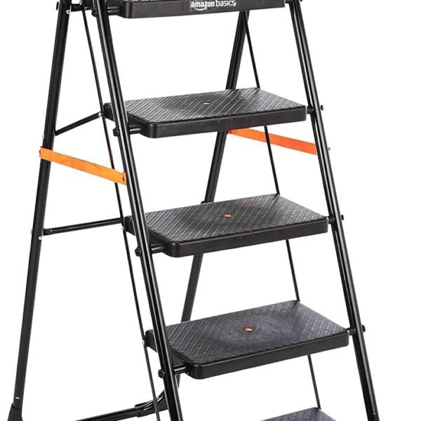 Amazon Basics Clamber - Foldable Step Ladder, Safety-Clutch Lock, Ribbed Steps, Knee Guard, Non-Marring PVC Shoes, 5 Steps (Steel, Black & Orange)