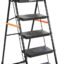Amazon Basics Clamber - Foldable Step Ladder, Safety-Clutch Lock, Ribbed Steps, Knee Guard, Non-Marring PVC Shoes, 5 Steps (Steel, Black & Orange)