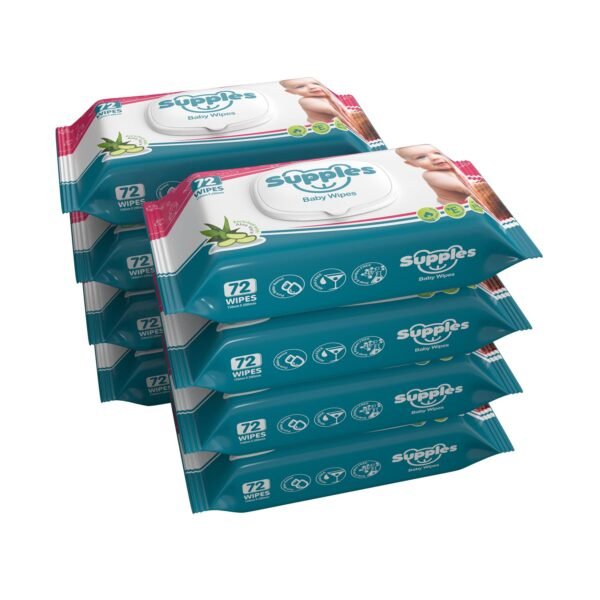Amazon Brand - Supples Baby Wet Wipes with Lid | 576 Wipes | 72 Wipes x 8 Packs | Enriched With Aloe Vera and Vitamin E | Alcohol-Free and Paraben-Free | Pure Water-Based formulation