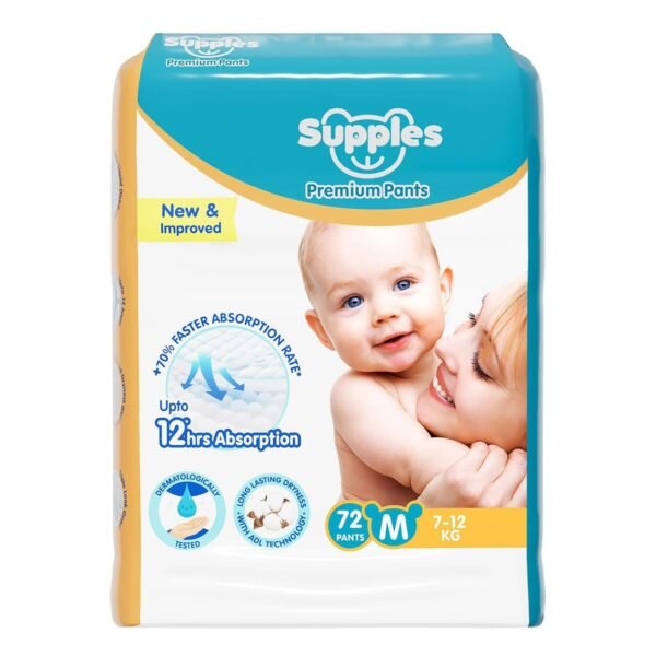 Amazon Brand - Supples Premium Baby Diaper Pants | 72 Baby Diapers | Medium | 7-12 Kg | 12 Hrs Absorption | Cushiony Cotton Soft Fabric | Phthalates-Free | Triple Leak Guard