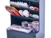 Amazon Brand – Eono Office Desk Organizer, Multifunctional Pen Pencil Holder with Drawer, Stationery, Ball Pen, Pencil, Marker, Eraser, Note Paper, Storage Stand for Home and Office Blue Color