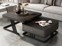 Art Coffee Table Set of 2 Square Coffee Tables with Storage Drawers, Modern Black Ironwood Faux Marble Top