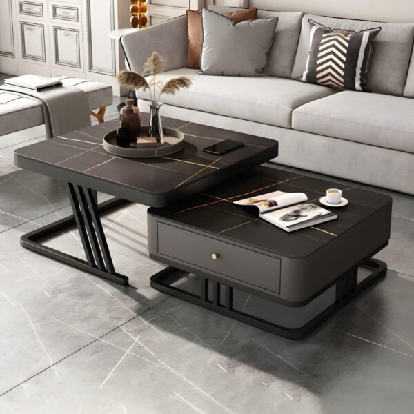 Art Coffee Table Set of 2 Square Coffee Tables with Storage Drawers, Modern Black Ironwood Faux Marble Top