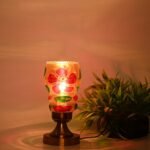 Artisanal Metal Table Lamp with Hand Decorated Glass Shade A Stylish Home Decor Accent, Pack of 4, 13.5 X 13.5 X 17 Cm.