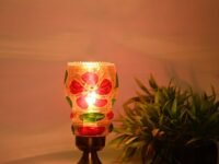 Artisanal Metal Table Lamp with Hand Decorated Glass Shade A Stylish Home Decor Accent, Pack of 4, 13.5 X 13.5 X 17 Cm.