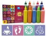Ascension Pack of 12 Rangoli Powder Colors Bottles Design Creativity Diwali Floor Rangoli Art Ceramic Colours Rang for Navratri Pooja Mandir with 2 Rangoli Stencils and 10 Easy Squeeze Bottles