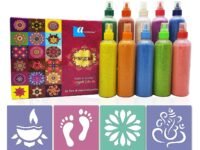 Ascension Pack of 12 Rangoli Powder Colors Bottles Design Creativity Diwali Floor Rangoli Art Ceramic Colours Rang for Navratri Pooja Mandir with 2 Rangoli Stencils and 10 Easy Squeeze Bottles