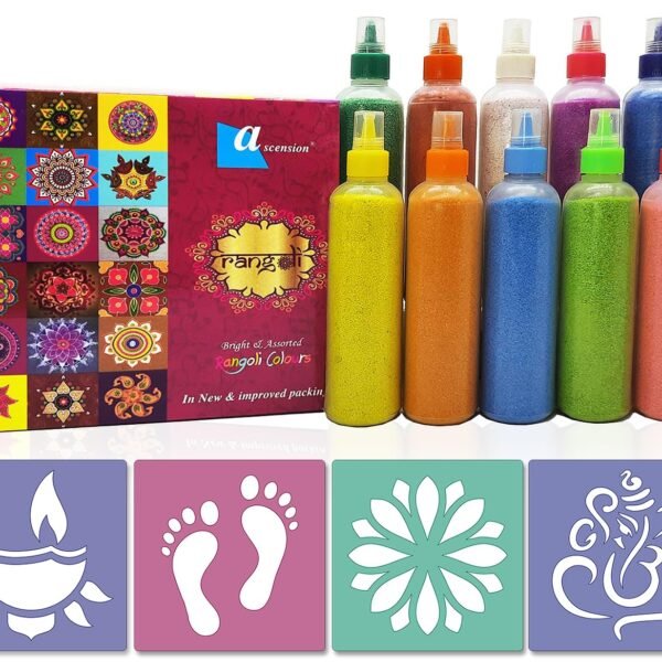 Ascension Pack of 12 Rangoli Powder Colors Bottles Design Creativity Diwali Floor Rangoli Art Ceramic Colours Rang for Navratri Pooja Mandir with 2 Rangoli Stencils and 10 Easy Squeeze Bottles