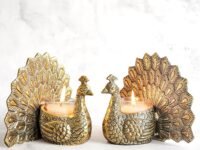 BEHOMA Aluminium Dancing Peacock Figurine Pair for Love & Good Luck | Home Décor Tabletop Showpiece with Scented Votive Candles | Valentine, Anniversary & Wedding Gift for Couples | Set of 2, Gold